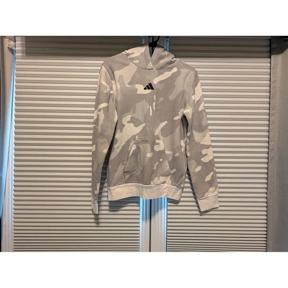 Adidas Boys Camo Fleece Hoodie Grey White Logo Pullover AA10414 Size L 14/16